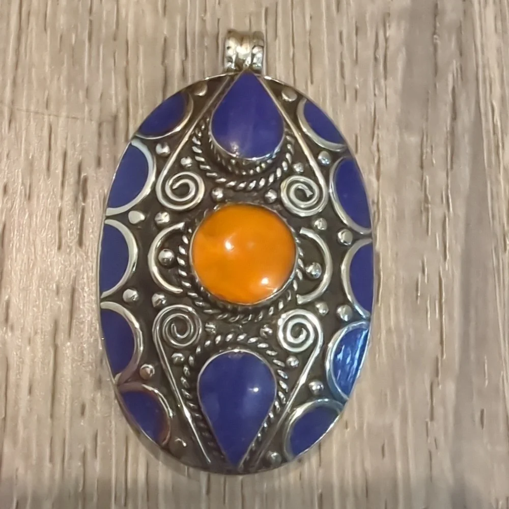 Tibetan Silver Lapis And Copal Pendant